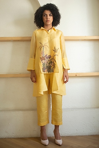 Yellow Handloom Linen Silk Tunic Set by OJA
