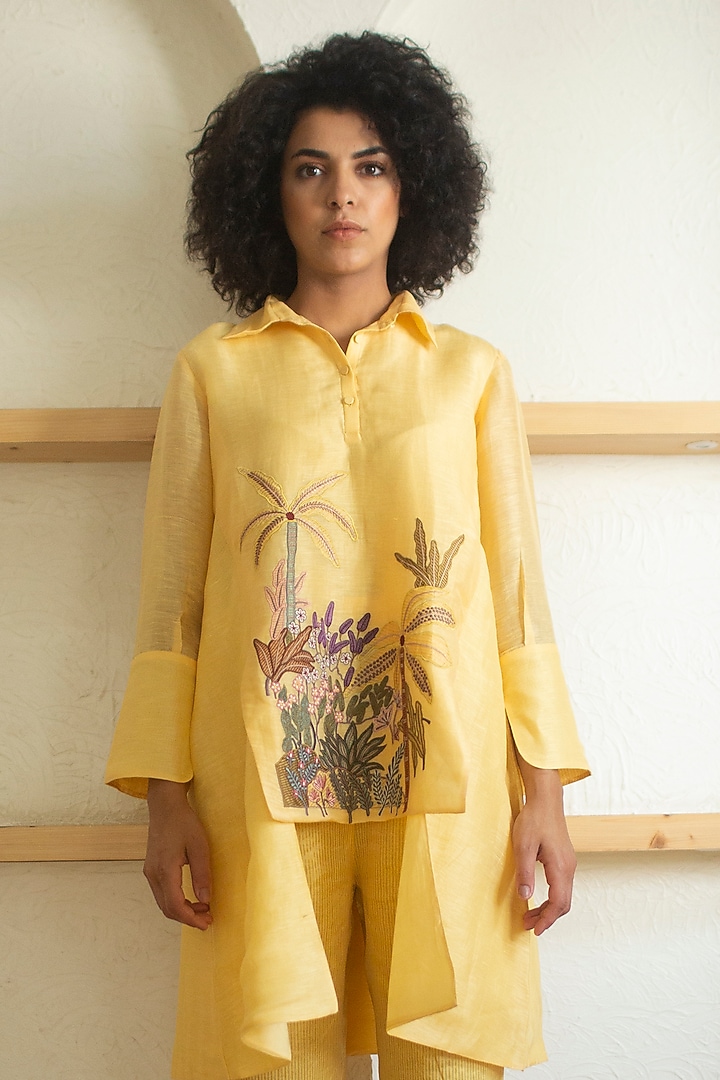 Yellow Handloom Linen Silk Tunic Set by OJA at Pernia's Pop Up Shop