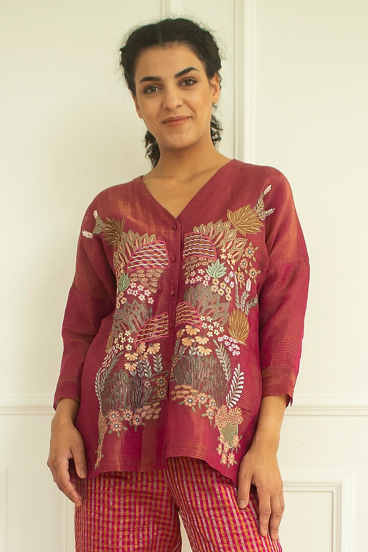 Flamingo Handloom Linen Silk Tunic Set by OJA at Pernia's Pop Up Shop