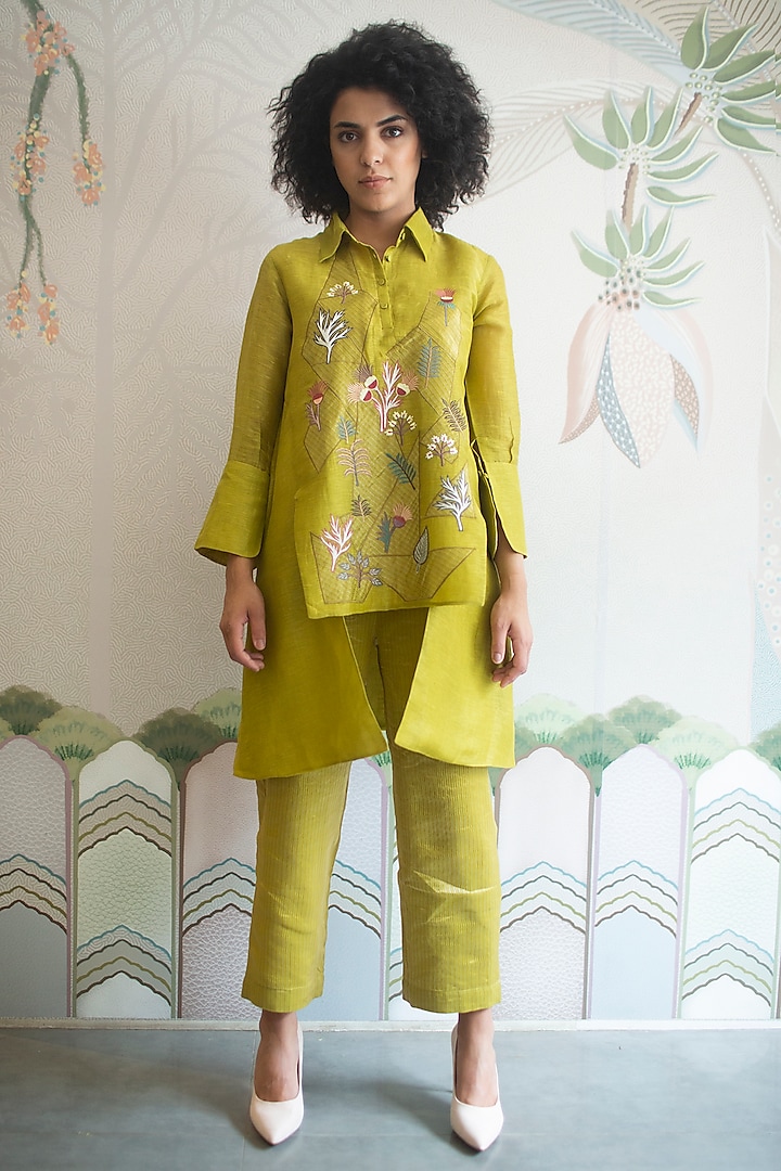 Sap Green Handloom Linen Silk Tunic Set by OJA