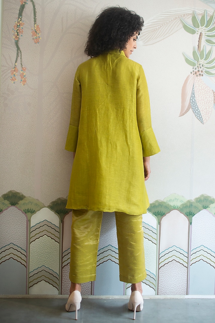 Sap Green Handloom Linen Silk Tunic Set by OJA at Pernia's Pop Up Shop