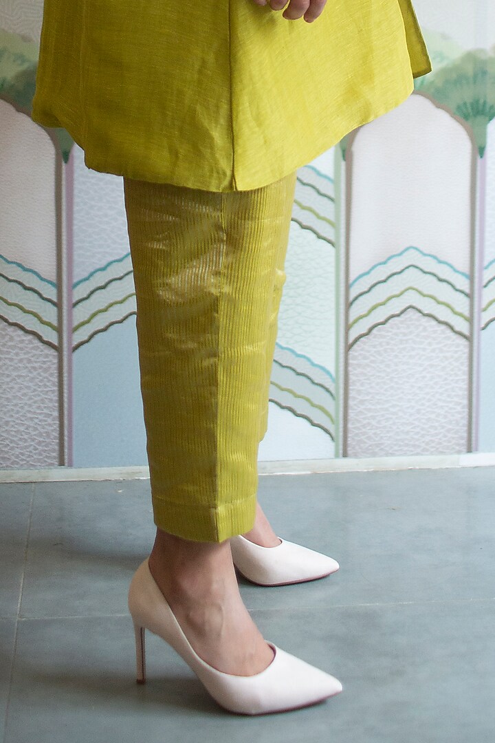 Sap Green Handloom Linen Silk Tunic Set by OJA at Pernia's Pop Up Shop