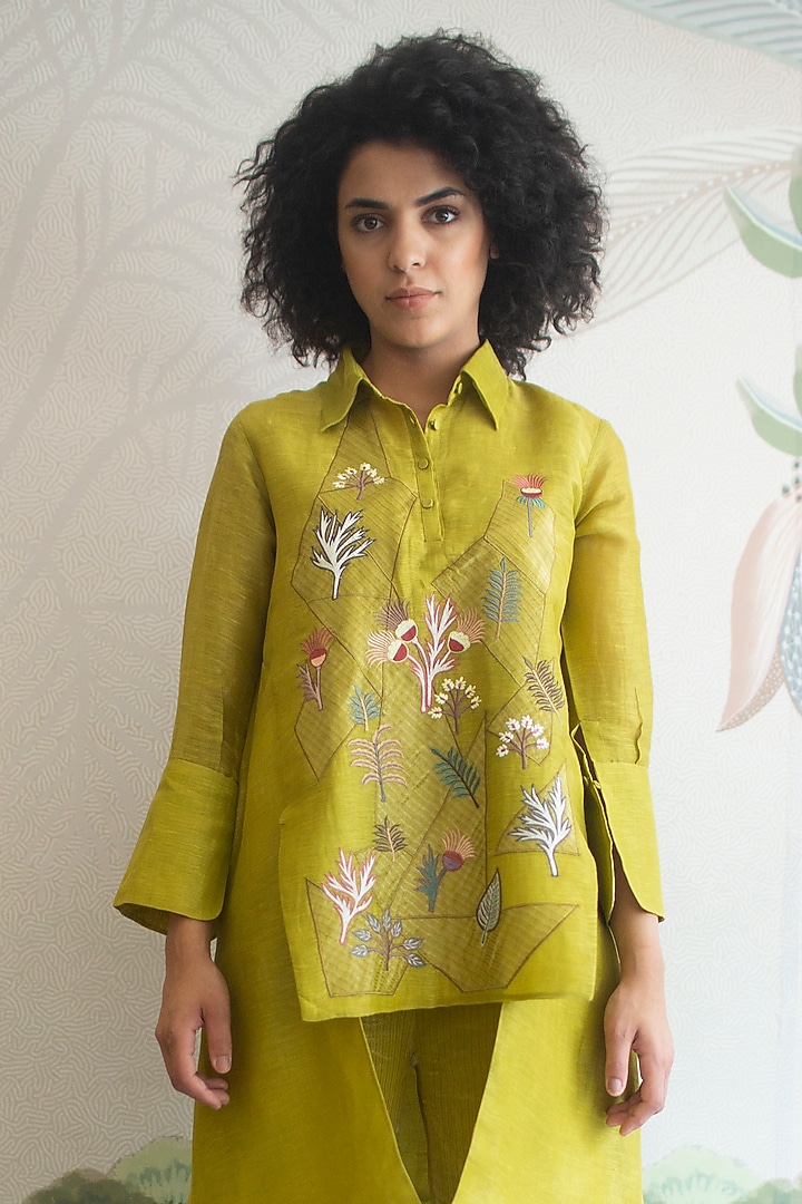 Sap Green Handloom Linen Silk Tunic Set by OJA at Pernia's Pop Up Shop