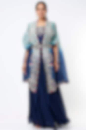 Cobalt Blue Embroidered Anarkali Set by Ojasvini at Pernia's Pop Up Shop