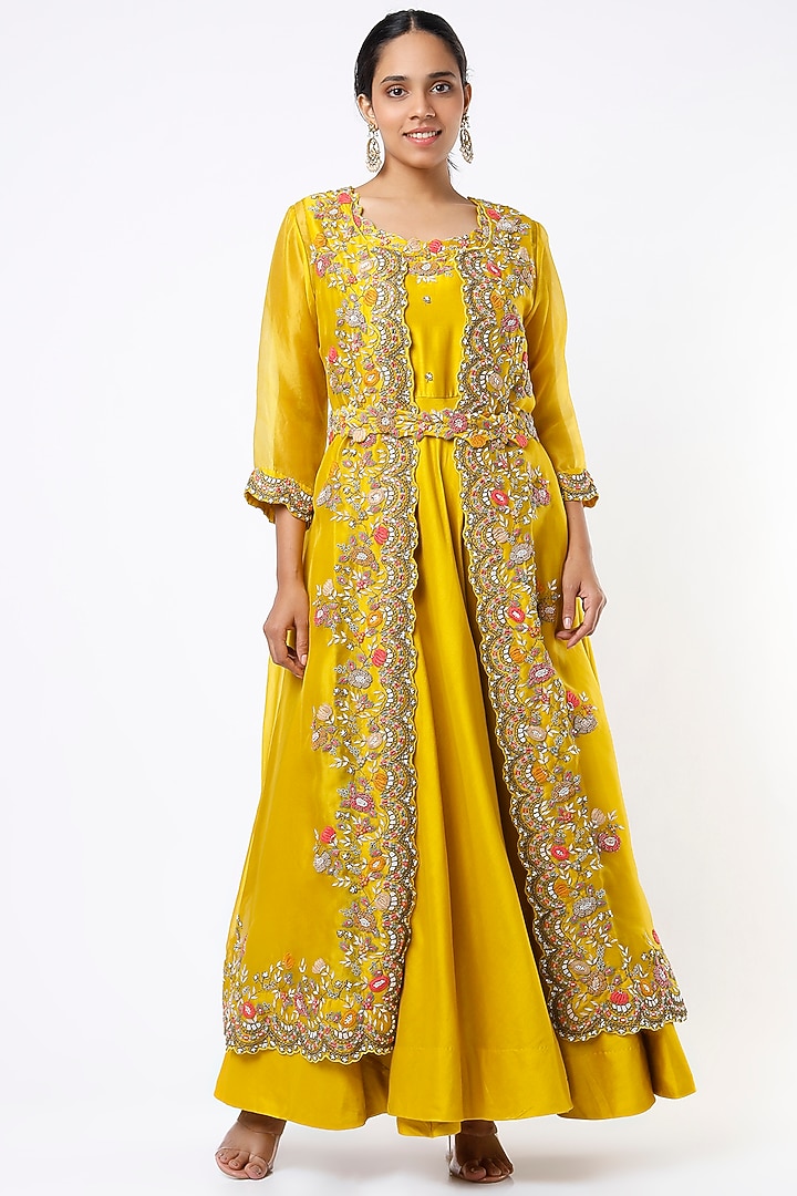 Mustard Silk Chanderi & Organza Wedding Anarkali Set by Ojasvini at Pernia's Pop Up Shop