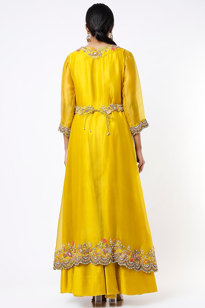 Mustard Silk Chanderi & Organza Wedding Anarkali Set by Ojasvini at Pernia's Pop Up Shop