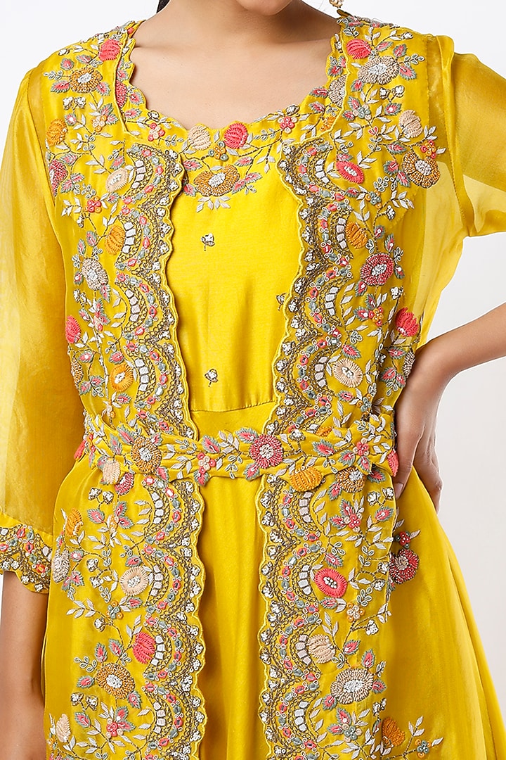 Mustard Silk Chanderi & Organza Wedding Anarkali Set by Ojasvini at Pernia's Pop Up Shop
