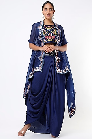 Midnight Blue Embroidered Cape Set by Ojasvini