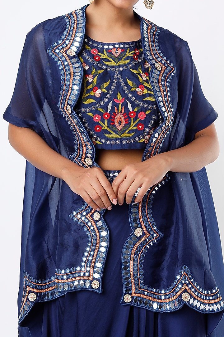 Midnight Blue Embroidered Cape Set by Ojasvini at Pernia's Pop Up Shop