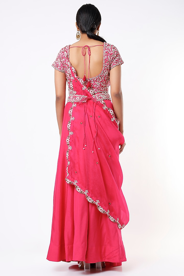 Fuchisa Embroidered Draped Wedding Lehenga Set by Ojasvini at Pernia's Pop Up Shop