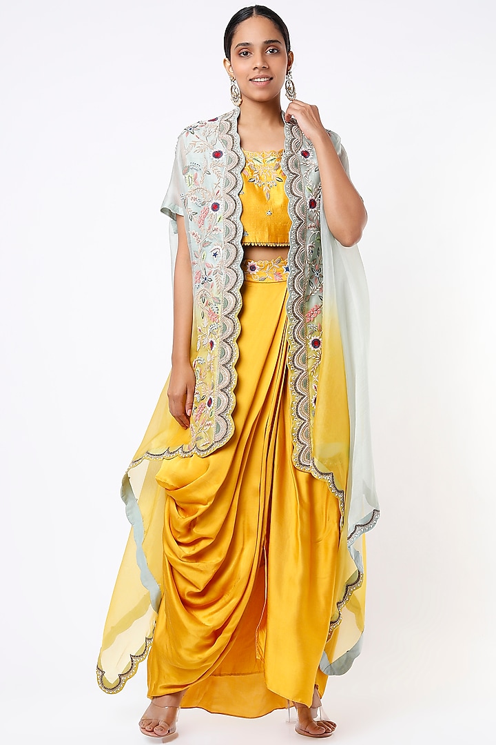 Yellow Embroidered Cape Set by Ojasvini