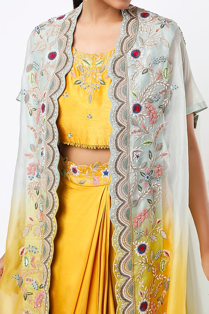 Yellow Embroidered Cape Set by Ojasvini at Pernia's Pop Up Shop