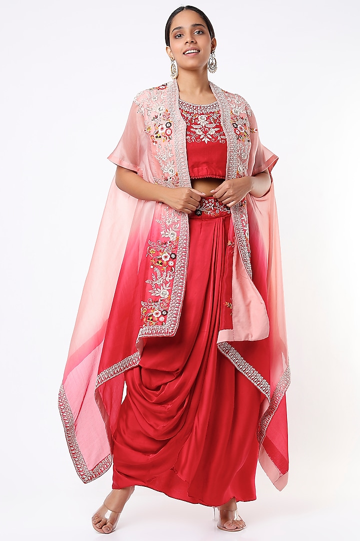 Cherry Red Embroidered Cape Set by Ojasvini