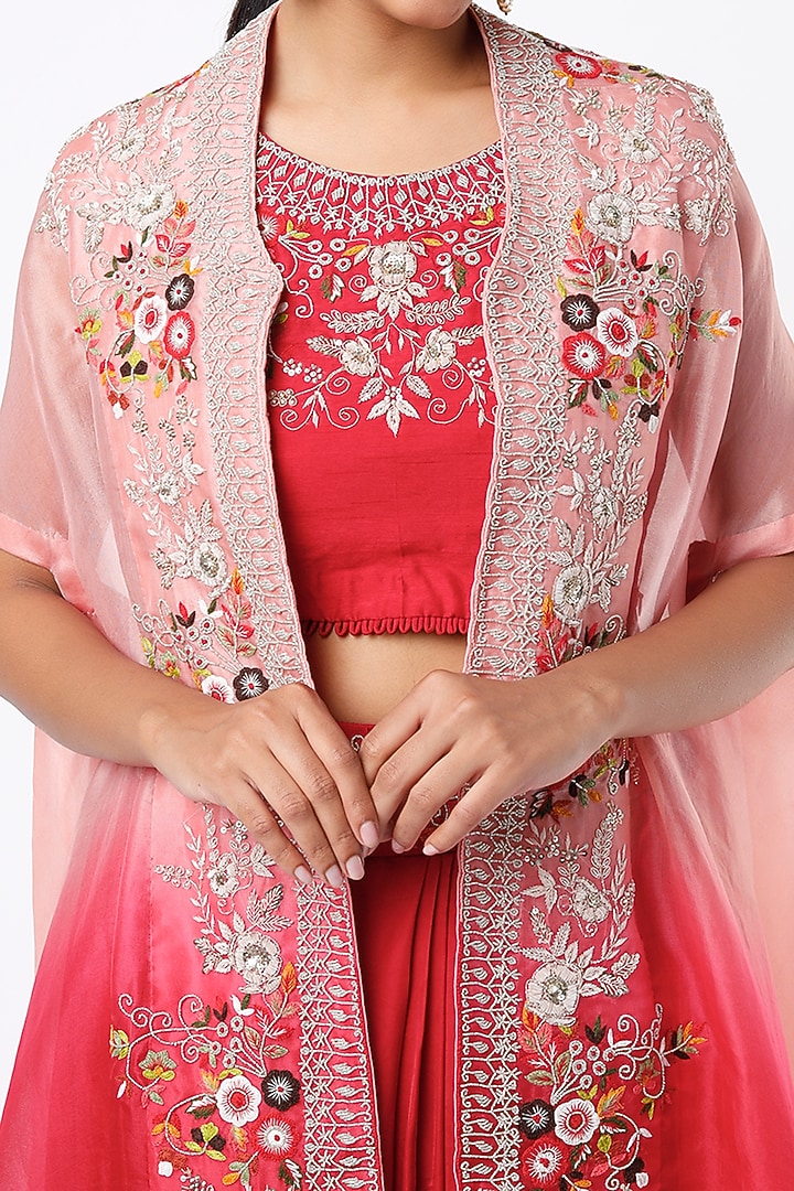 Cherry Red Embroidered Cape Set by Ojasvini at Pernia's Pop Up Shop