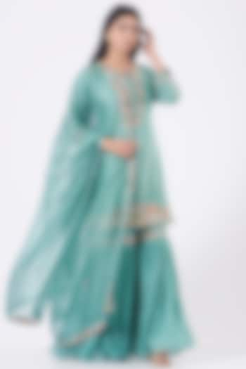 Teal Blue Sharara Set With Zardosi Work by Ojasvini at Pernia's Pop Up Shop