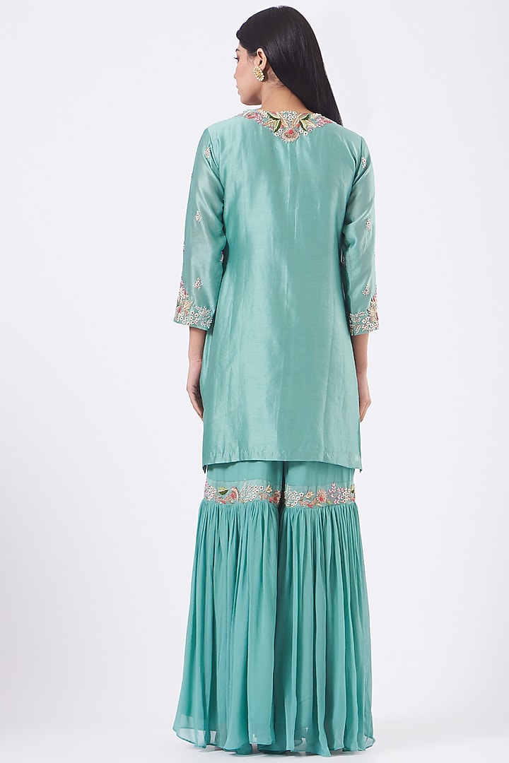 Teal Blue Wedding Sharara Set With Zardosi Work by Ojasvini at Pernia's Pop Up Shop
