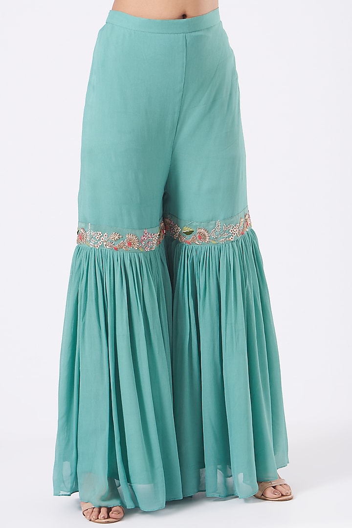 Teal Blue Wedding Sharara Set With Zardosi Work by Ojasvini at Pernia's Pop Up Shop