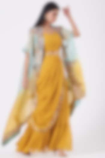Yellow Georgette Wedding Gown Saree With Embroidered Cape by Ojasvini at Pernia's Pop Up Shop