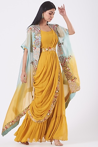 Yellow Georgette Gown Saree With Embroidered Cape by Ojasvini