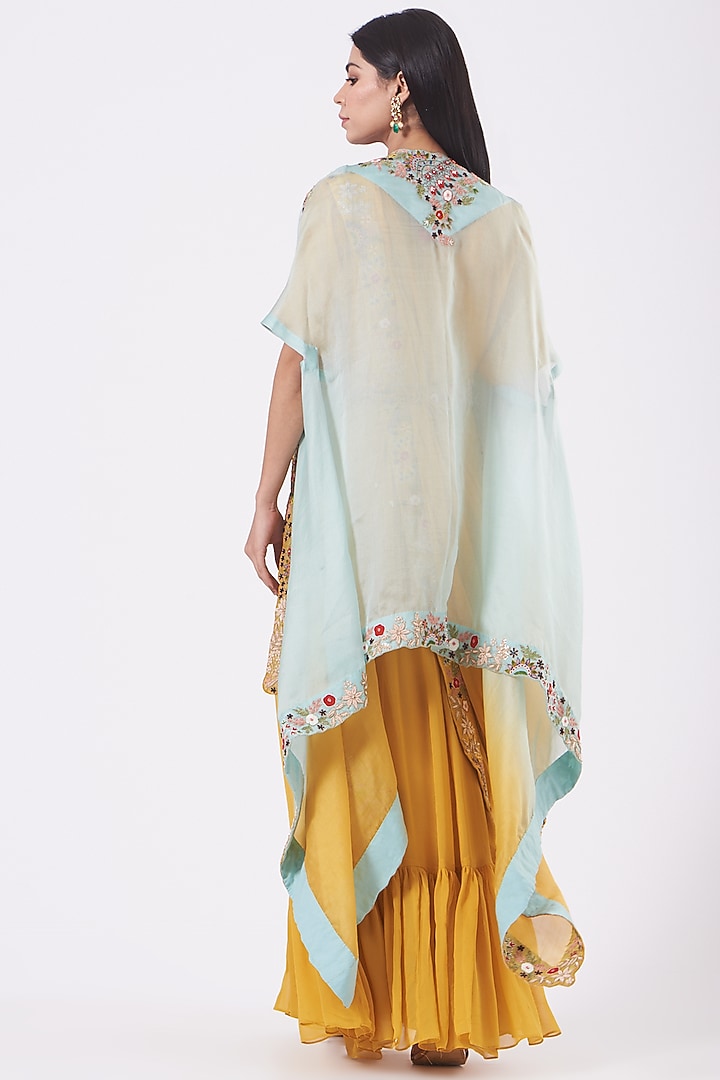Yellow Georgette Wedding Gown Saree With Embroidered Cape by Ojasvini at Pernia's Pop Up Shop
