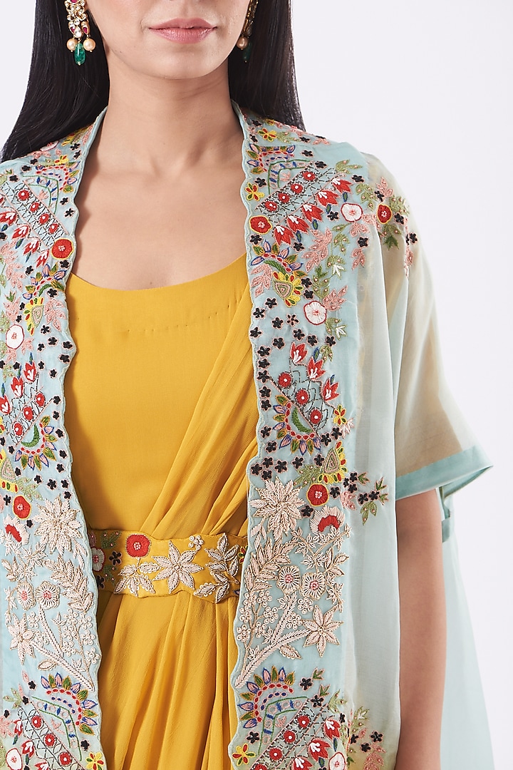 Yellow Georgette Wedding Gown Saree With Embroidered Cape by Ojasvini at Pernia's Pop Up Shop