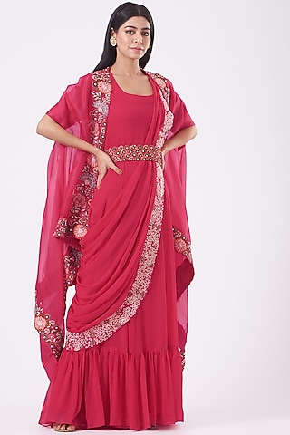 Cherry Red Georgette Zardosi Embroidered Gown Saree Set by Ojasvini