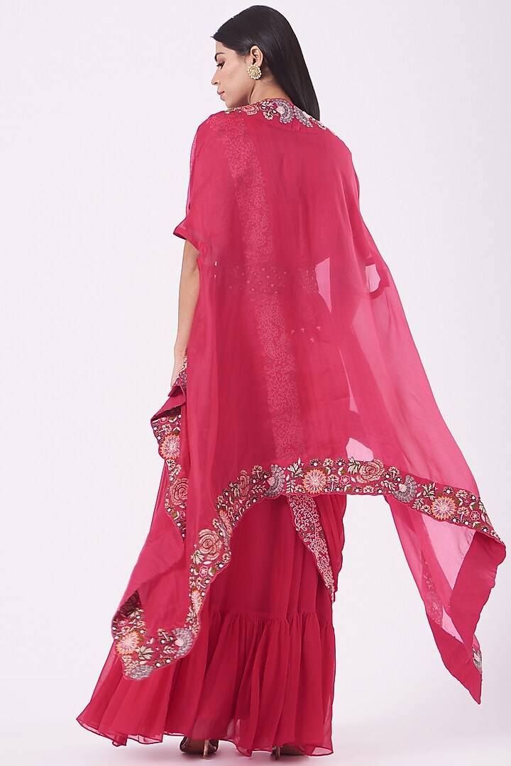 Cherry Red Georgette Zardosi Embroidered Wedding Gown Saree Set by Ojasvini at Pernia's Pop Up Shop