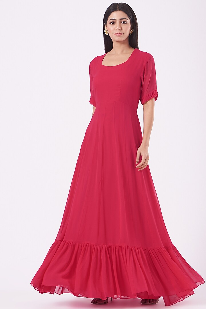 Cherry Red Georgette Zardosi Embroidered Wedding Gown Saree Set by Ojasvini at Pernia's Pop Up Shop