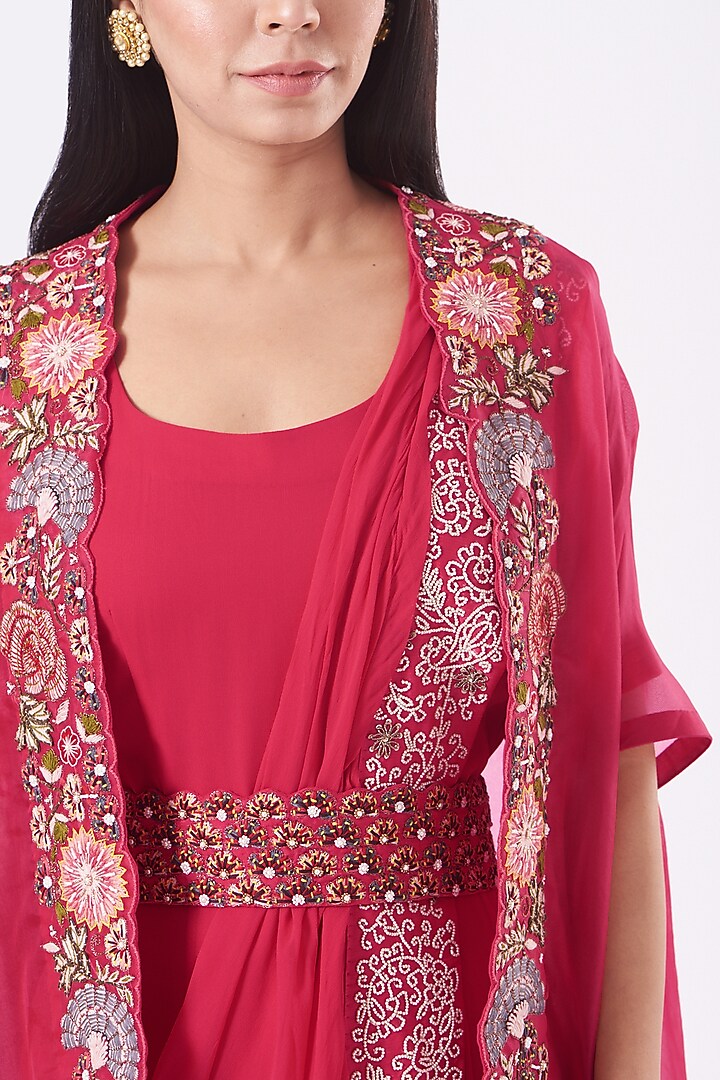 Cherry Red Georgette Zardosi Embroidered Wedding Gown Saree Set by Ojasvini at Pernia's Pop Up Shop