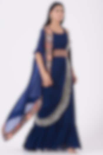 Navy Blue Wedding Gown Saree With Embroidered Cape by Ojasvini at Pernia's Pop Up Shop