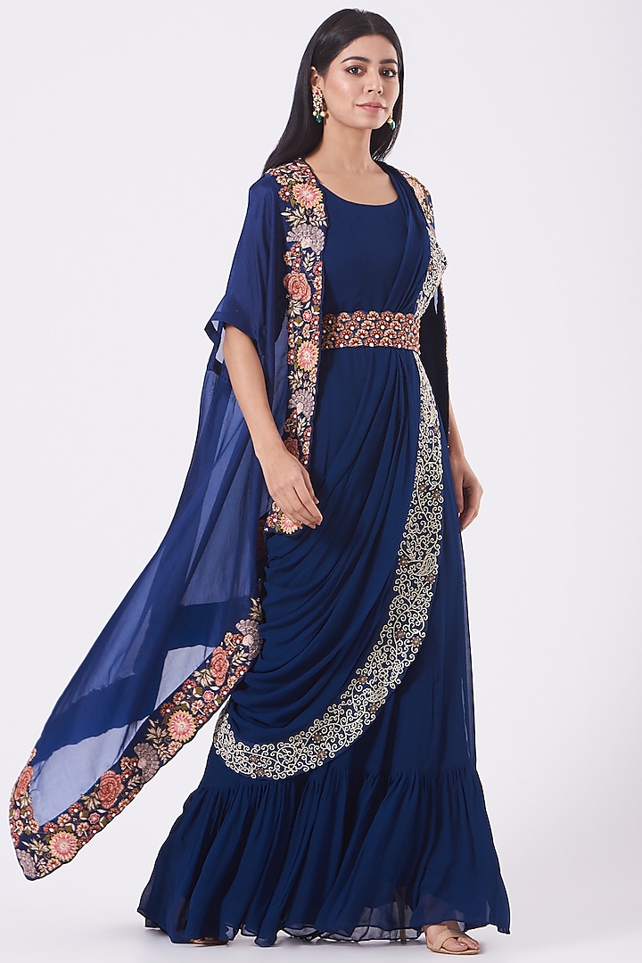 Navy Blue Wedding Gown Saree With Embroidered Cape by Ojasvini at Pernia's Pop Up Shop