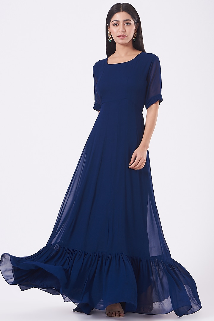 Navy Blue Wedding Gown Saree With Embroidered Cape by Ojasvini at Pernia's Pop Up Shop