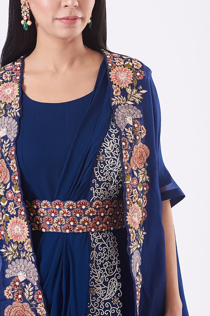 Navy Blue Wedding Gown Saree With Embroidered Cape by Ojasvini at Pernia's Pop Up Shop