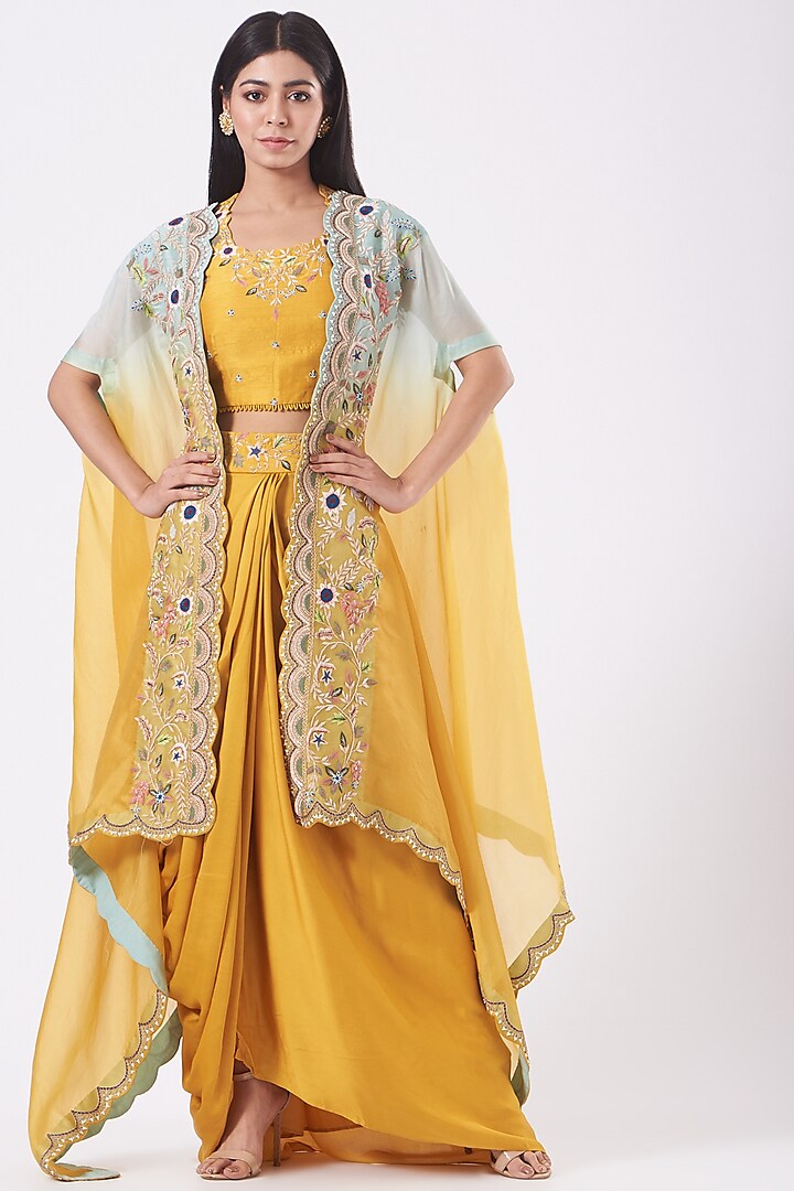 Yellow Embroidered Cowl Lehenga Set by Ojasvini