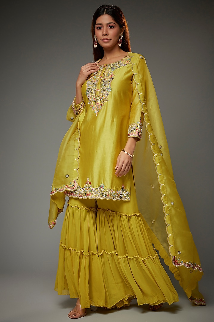 Lime Green Georgette Sharara Set by Ojasvini at Pernia's Pop Up Shop