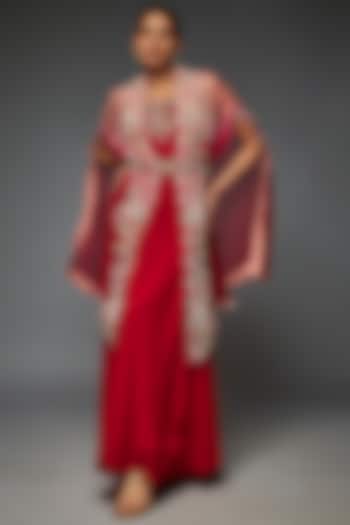 Red & Pink Ombre Georgette Embroidered Cape Set by Ojasvini at Pernia's Pop Up Shop