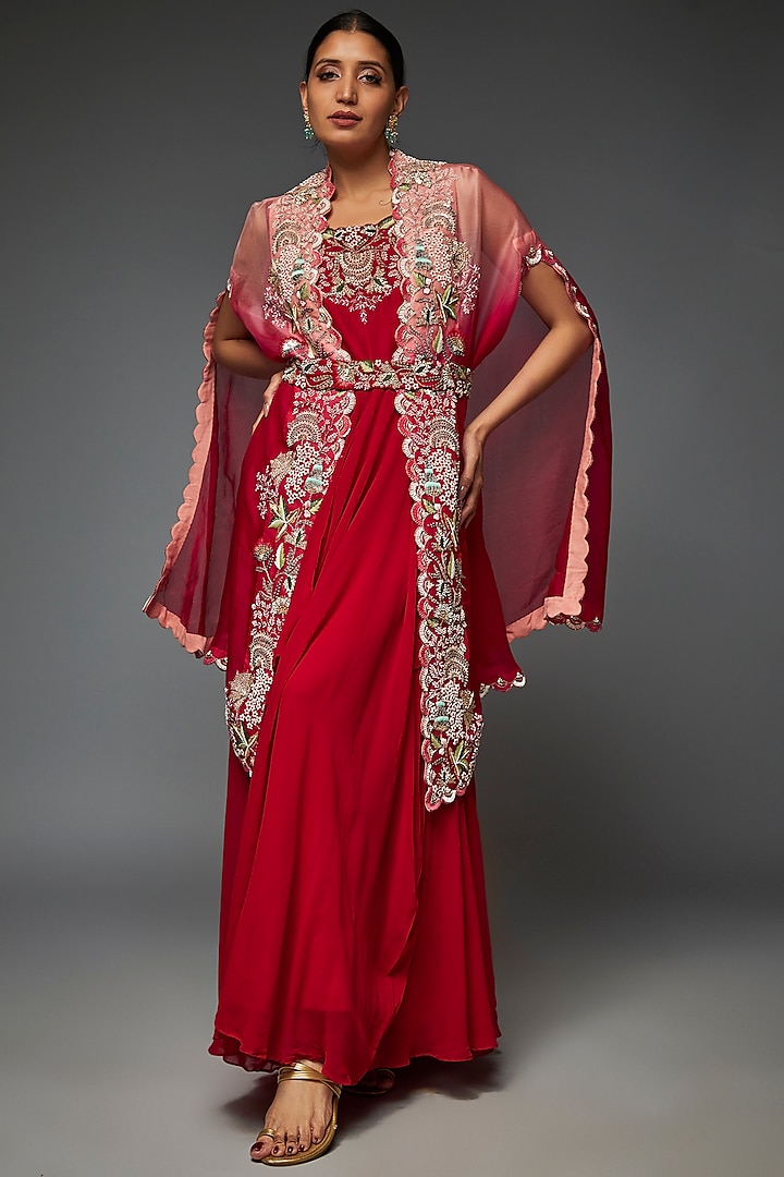 Red & Pink Ombre Georgette Embroidered Cape Set by Ojasvini at Pernia's Pop Up Shop