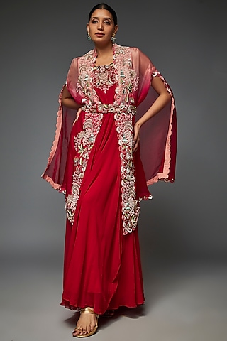 Red & Pink Ombre Georgette Embroidered Cape Set by Ojasvini