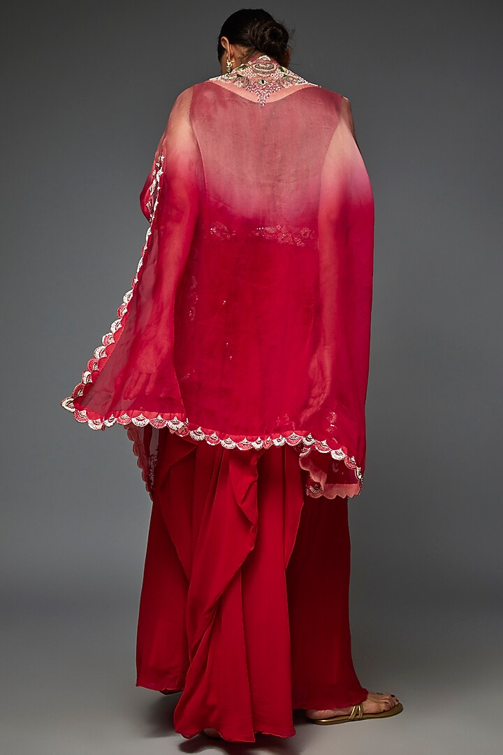 Red & Pink Ombre Georgette Embroidered Cape Set by Ojasvini at Pernia's Pop Up Shop