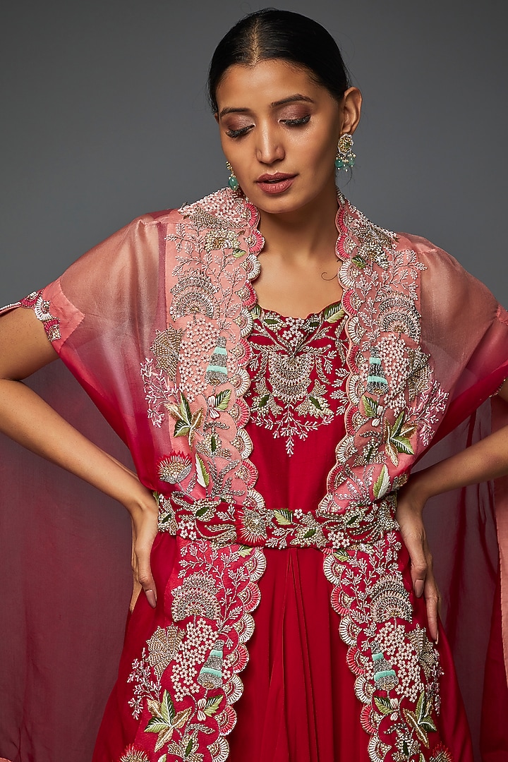 Red & Pink Ombre Georgette Embroidered Cape Set by Ojasvini at Pernia's Pop Up Shop