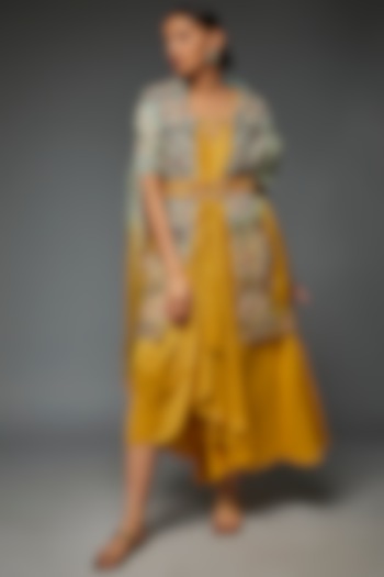 Mustard Silk Embroidered Jacket Dress by Ojasvini