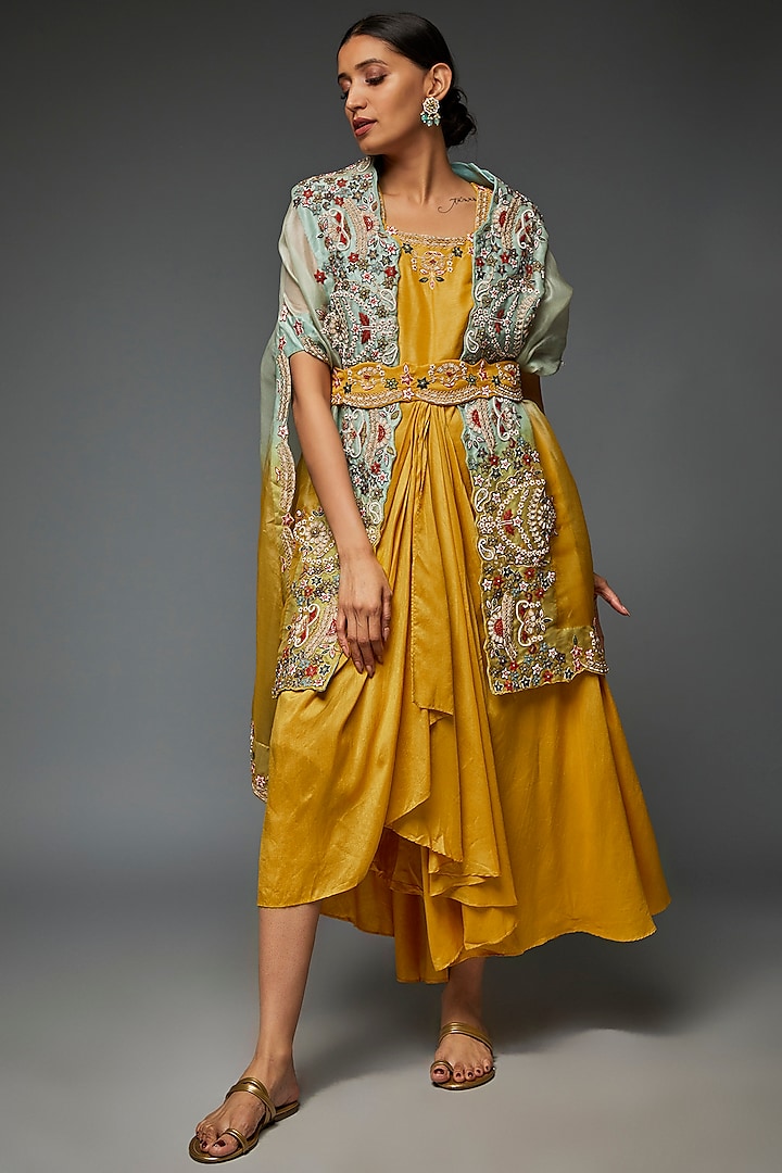 Mustard Silk Embroidered Jacket Dress by Ojasvini at Pernia's Pop Up Shop