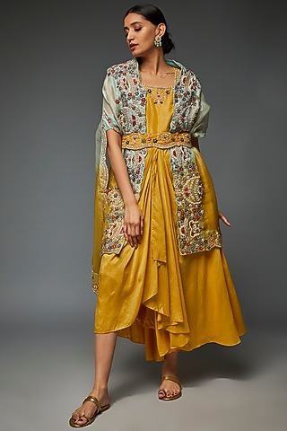 Mustard Silk Embroidered Jacket Dress by Ojasvini