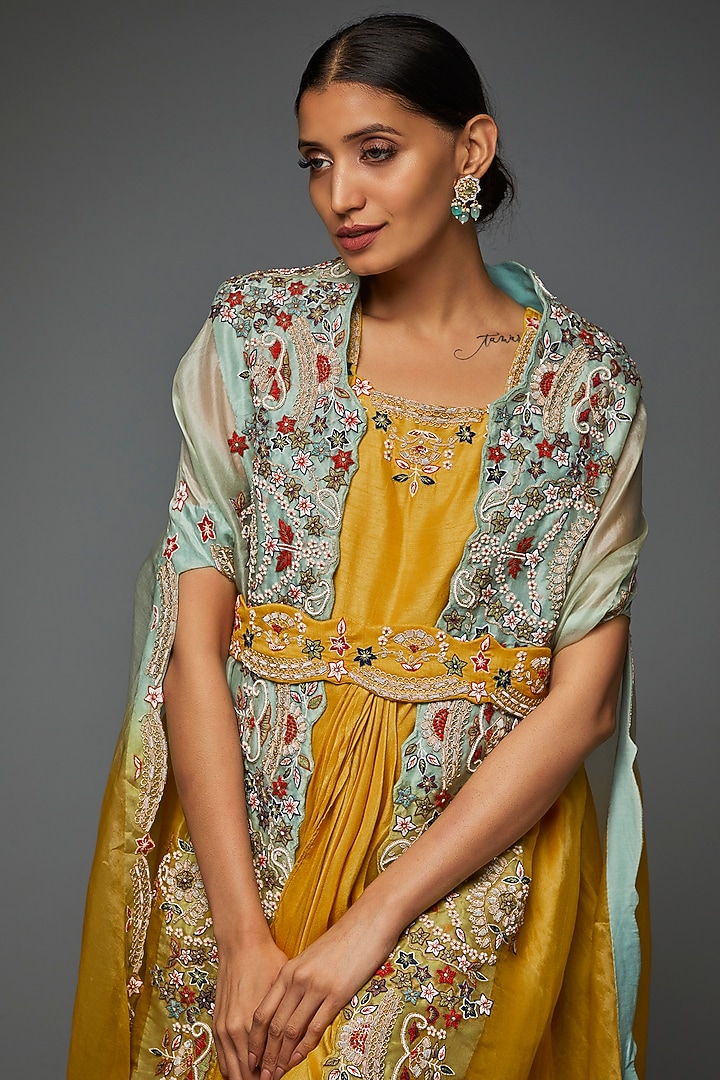 Mustard Silk Embroidered Jacket Cocktail Dress by Ojasvini at Pernia's Pop Up Shop
