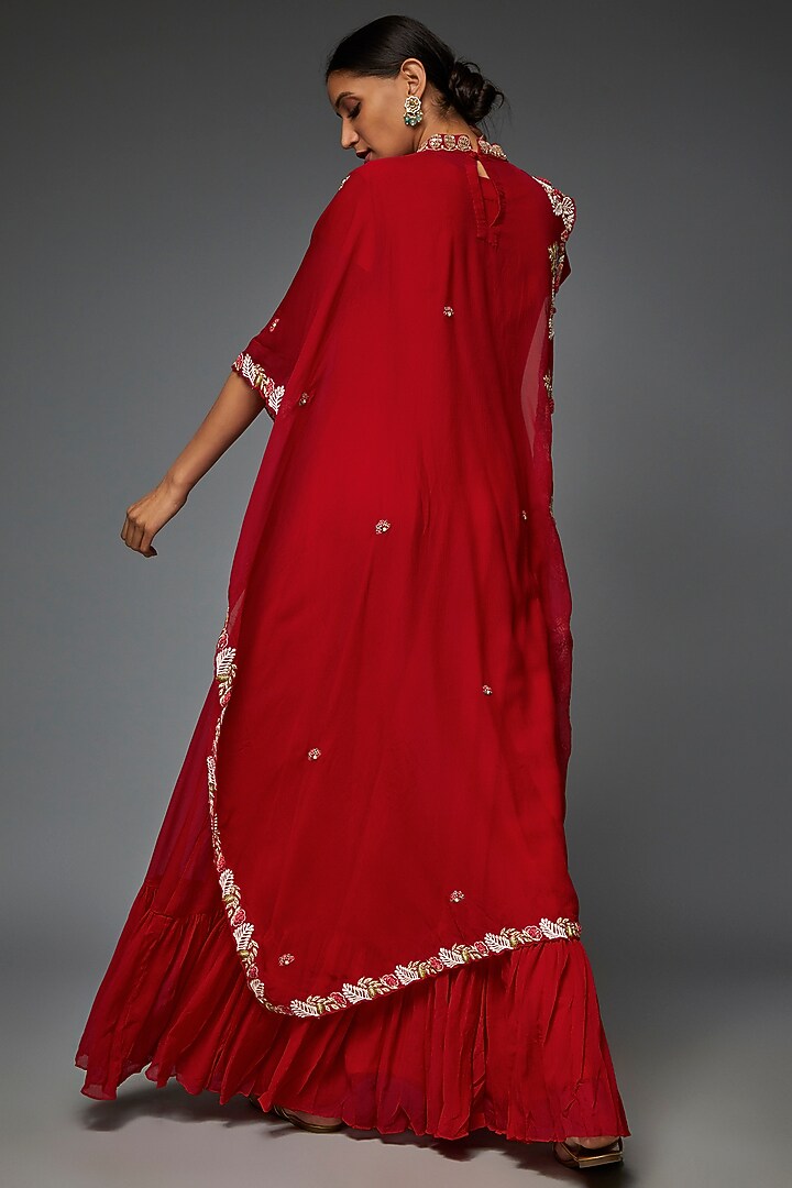 Red Chiffon Embroidered Cape Set by Ojasvini at Pernia's Pop Up Shop