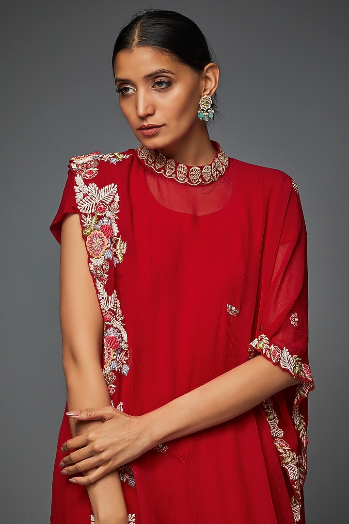 Red Chiffon Embroidered Cape Set by Ojasvini at Pernia's Pop Up Shop