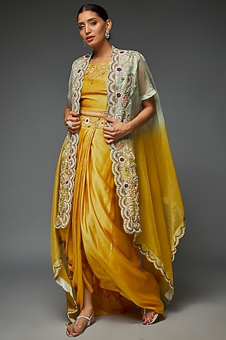 Mustard Yellow Organza Draped Dhoti Set by Ojasvini