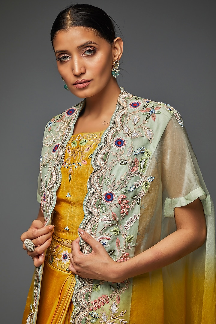 Mustard Yellow Organza Draped Dhoti Set by Ojasvini at Pernia's Pop Up Shop
