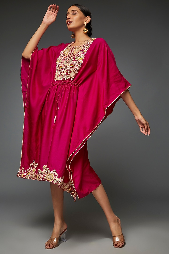 Fuchsia Pink Silk Embroidered Kaftan by Ojasvini at Pernia's Pop Up Shop