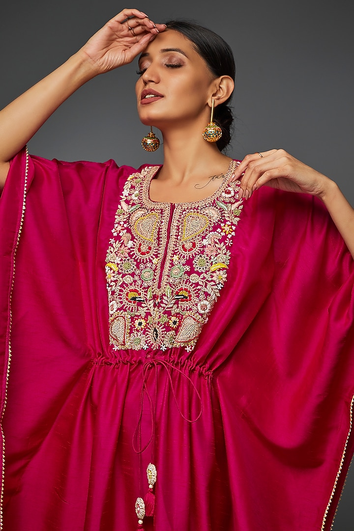 Fuchsia Pink Silk Embroidered Kaftan by Ojasvini at Pernia's Pop Up Shop